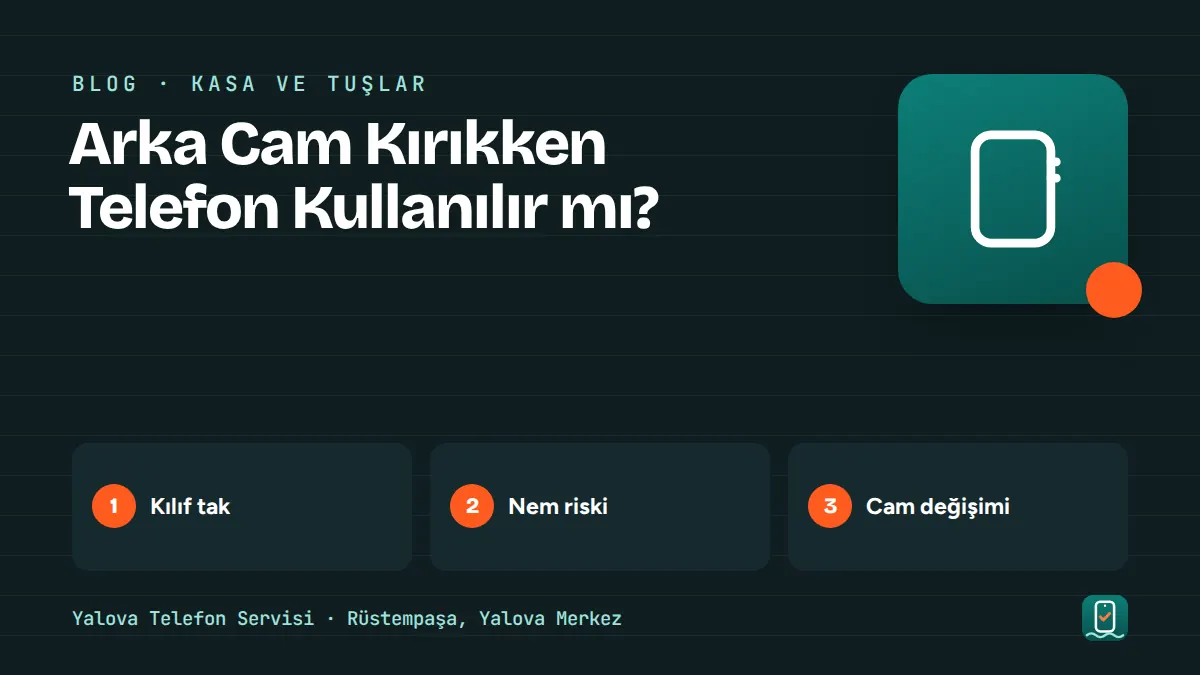 Arka Cam Kırıkken Telefon Kullanılır mı? – kılıf tak, nem riski, cam değişimi adımlarını gösteren görsel