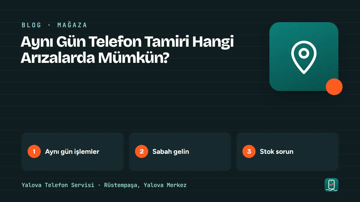 Aynı Gün Telefon Tamiri Hangi Arızalarda Mümkün? – aynı gün işlemler, sabah gelin, stok sorun adımlarını gösteren görsel