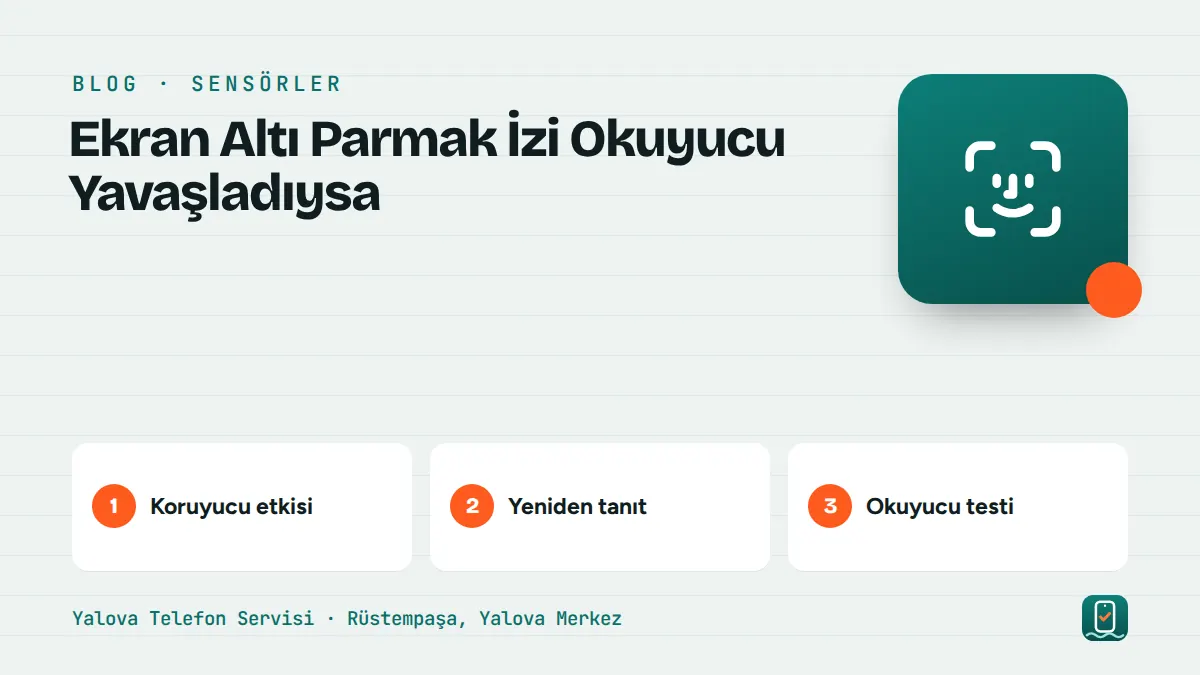 Ekran Altı Parmak İzi Okuyucu Yavaşladıysa – koruyucu etkisi, yeniden tanıt, okuyucu testi adımlarını gösteren görsel