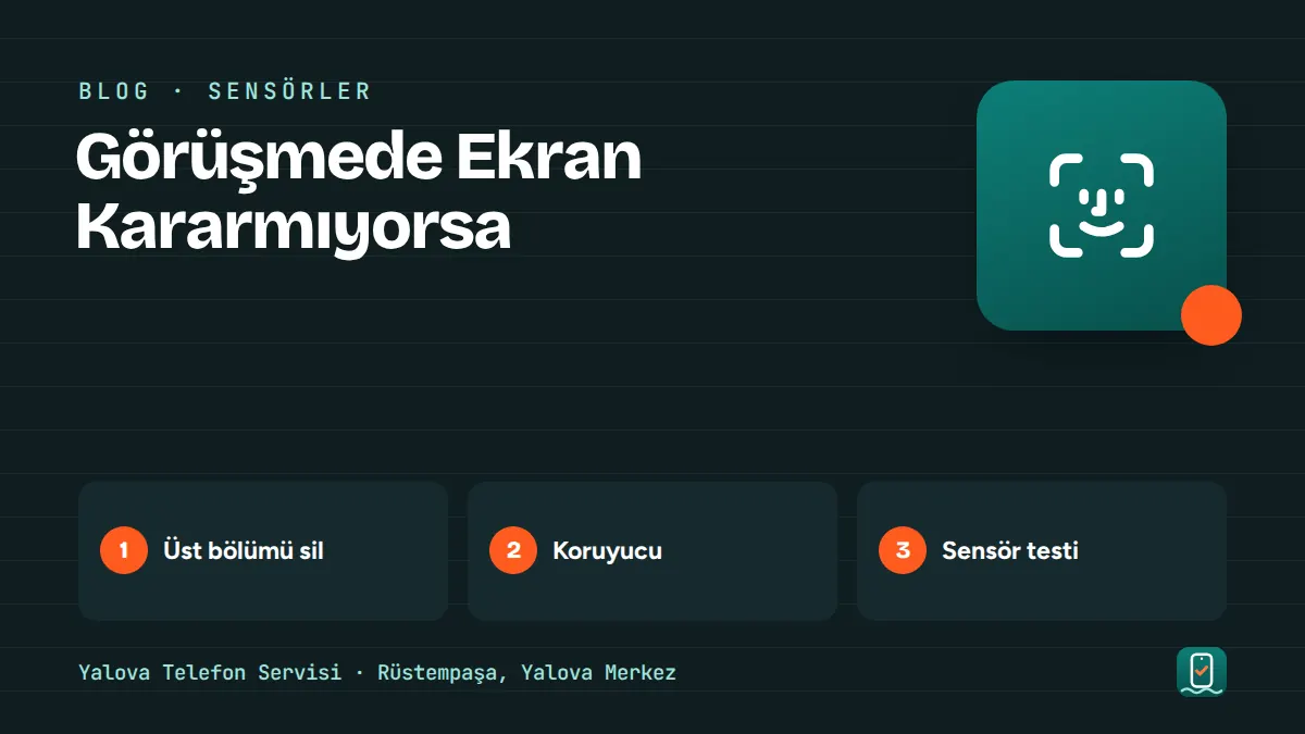 Görüşmede Ekran Kararmıyorsa – üst bölümü sil, koruyucu, sensör testi adımlarını gösteren görsel