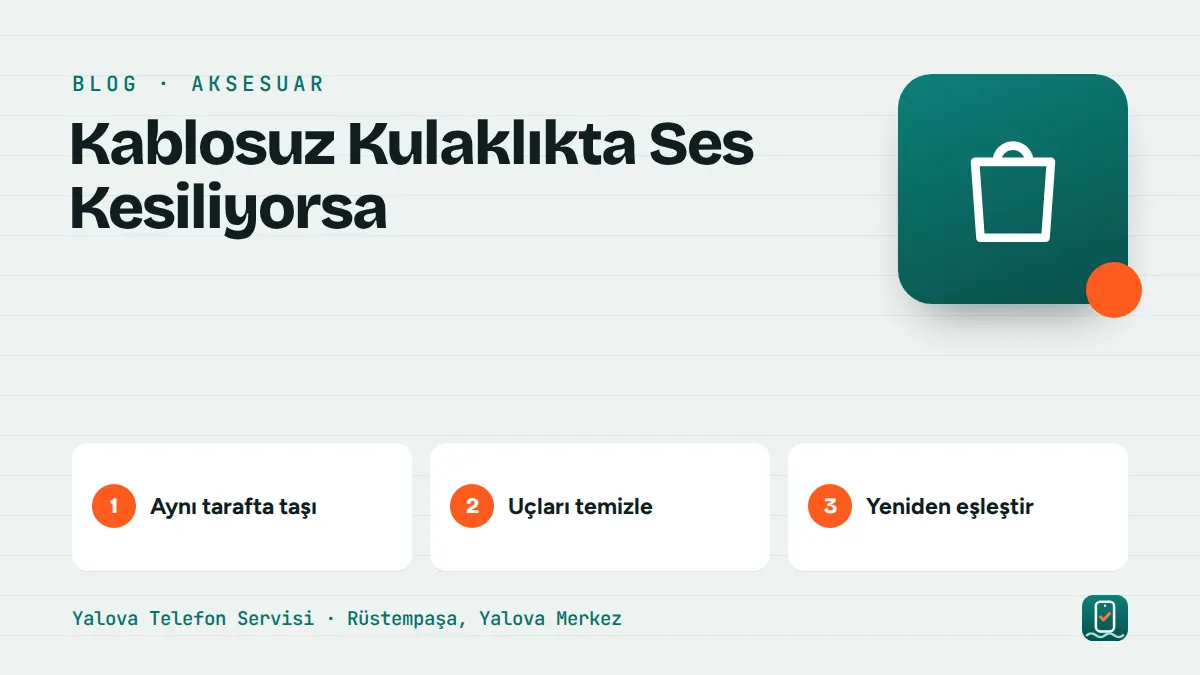Kablosuz Kulaklıkta Ses Kesiliyorsa – aynı tarafta taşı, uçları temizle, yeniden eşleştir adımlarını gösteren görsel