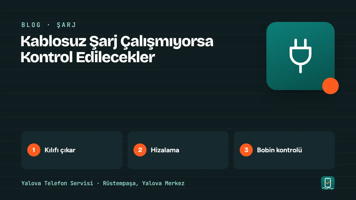 Kablosuz Şarj Çalışmıyorsa Kontrol Edilecekler – kılıfı çıkar, hizalama, bobin kontrolü adımlarını gösteren görsel