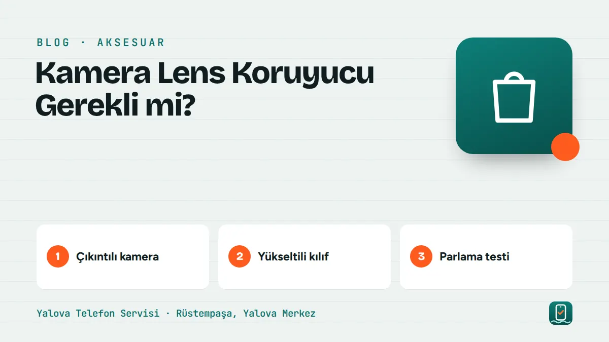 Kamera Lens Koruyucu Gerekli mi? – çıkıntılı kamera, yükseltili kılıf, parlama testi adımlarını gösteren görsel