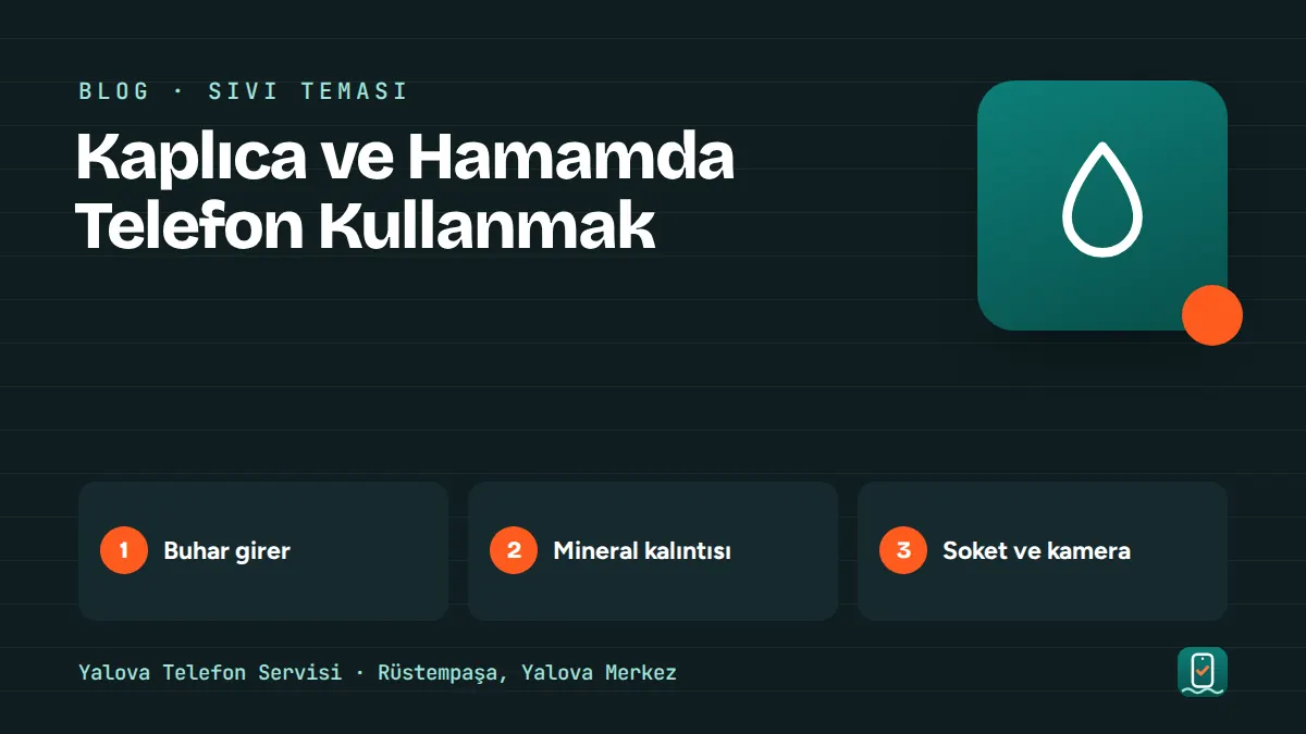 Kaplıca ve Hamamda Telefon Kullanmak – buhar girer, mineral kalıntısı, soket ve kamera adımlarını gösteren görsel