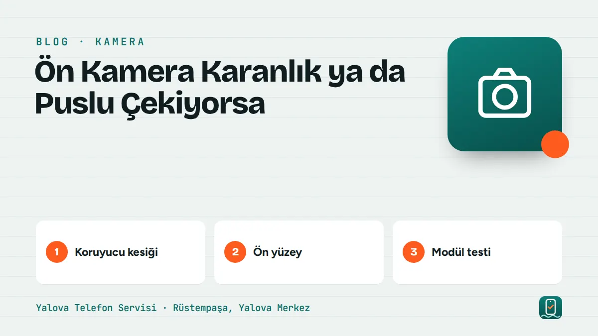 Ön Kamera Karanlık ya da Puslu Çekiyorsa – koruyucu kesiği, ön yüzey, modül testi adımlarını gösteren görsel