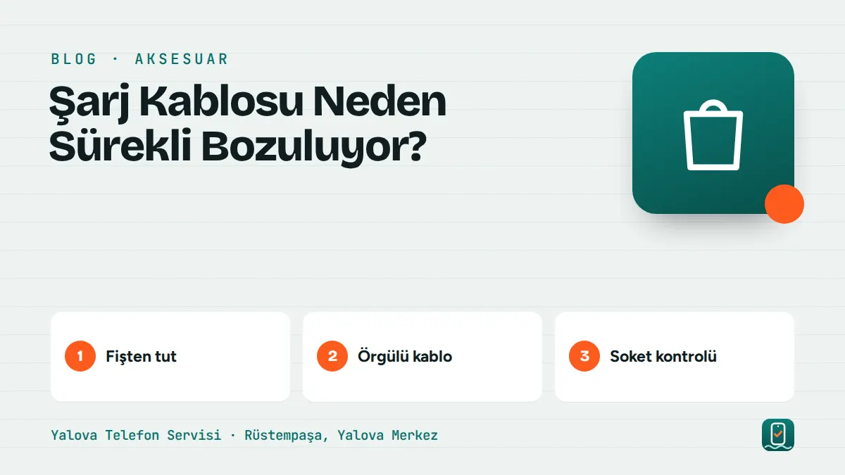 Şarj Kablosu Neden Sürekli Bozuluyor? – fişten tut, örgülü kablo, soket kontrolü adımlarını gösteren görsel