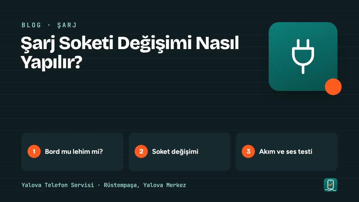 Şarj Soketi Değişimi Nasıl Yapılır? – bord mu lehim mi, soket değişimi, akım ve ses testi adımlarını gösteren görsel
