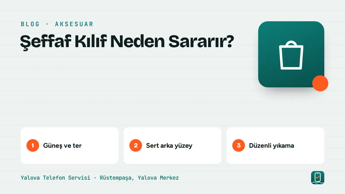 Şeffaf Kılıf Neden Sararır? – güneş ve ter, sert arka yüzey, düzenli yıkama adımlarını gösteren görsel