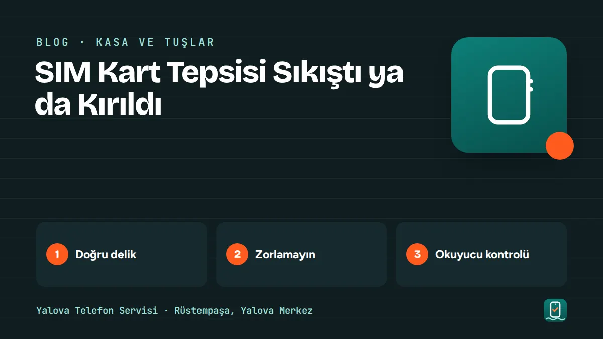 SIM Kart Tepsisi Sıkıştı ya da Kırıldı – doğru delik, zorlamayın, okuyucu kontrolü adımlarını gösteren görsel