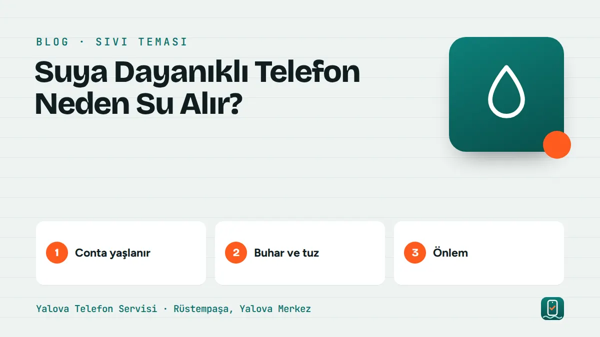 Suya Dayanıklı Telefon Neden Su Alır? – conta yaşlanır, buhar ve tuz, önlem adımlarını gösteren görsel