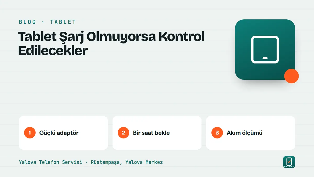 Tablet Şarj Olmuyorsa Kontrol Edilecekler – güçlü adaptör, bir saat bekle, akım ölçümü adımlarını gösteren görsel