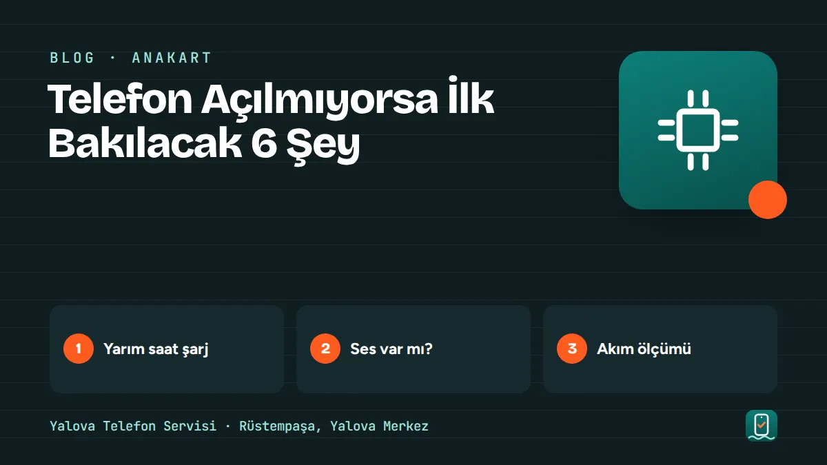Telefon Açılmıyorsa İlk Bakılacak 6 Şey – yarım saat şarj, ses var mı, akım ölçümü adımlarını gösteren görsel