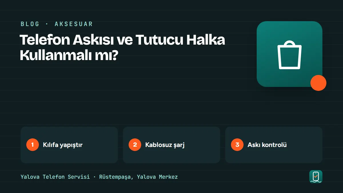 Telefon Askısı ve Tutucu Halka Kullanmalı mı? – kılıfa yapıştır, kablosuz şarj, askı kontrolü adımlarını gösteren görsel
