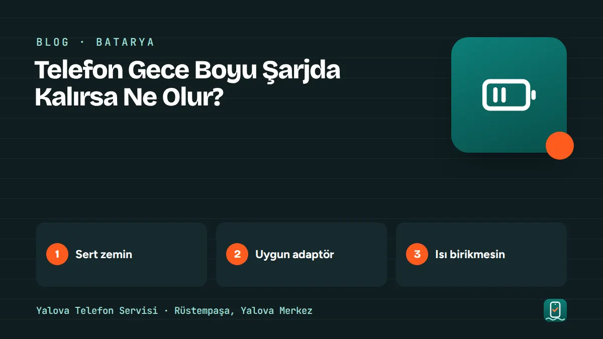 Telefon Gece Boyu Şarjda Kalırsa Ne Olur? – sert zemin, uygun adaptör, isı birikmesin adımlarını gösteren görsel