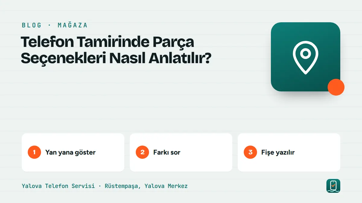 Telefon Tamirinde Parça Seçenekleri Nasıl Anlatılır? – yan yana göster, farkı sor, fişe yazılır adımlarını gösteren görsel