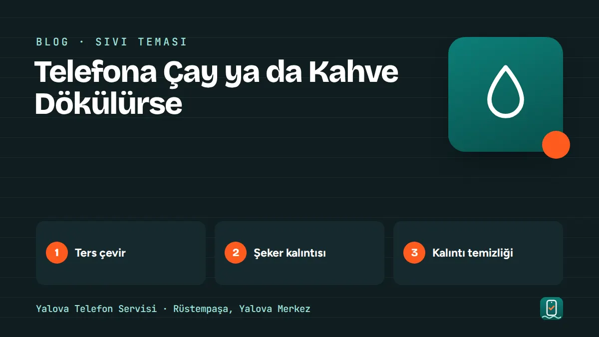Telefona Çay ya da Kahve Dökülürse – ters çevir, şeker kalıntısı, kalıntı temizliği adımlarını gösteren görsel