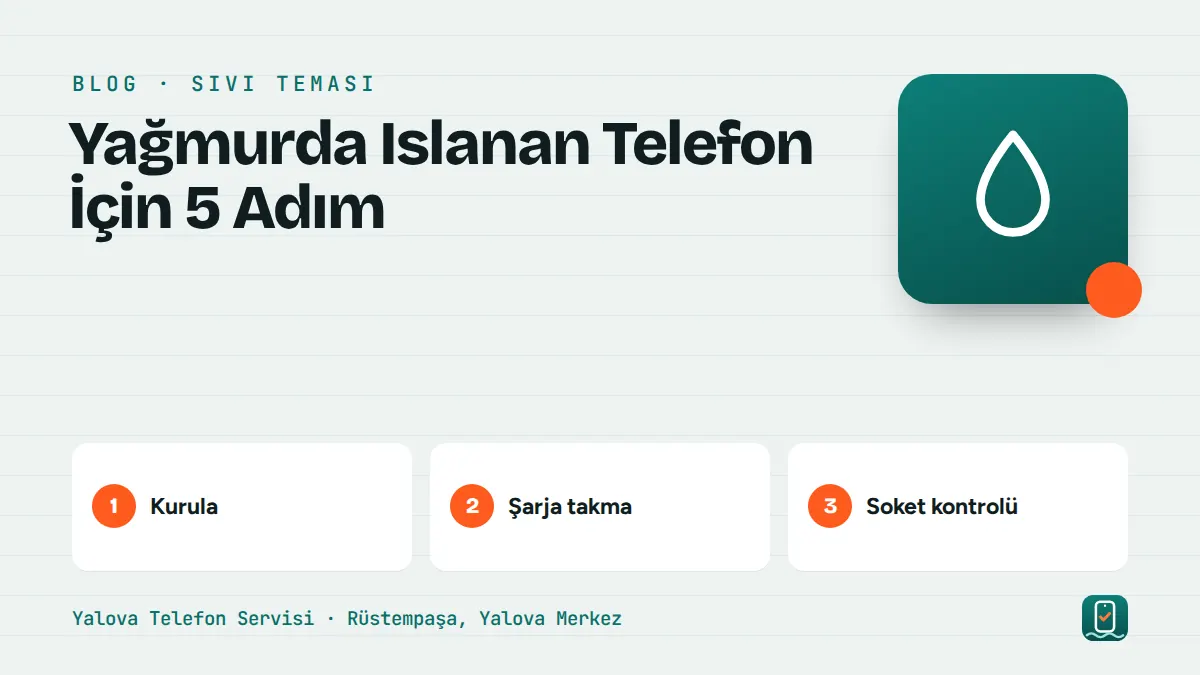 Yağmurda Islanan Telefon İçin 5 Adım – kurula, şarja takma, soket kontrolü adımlarını gösteren görsel