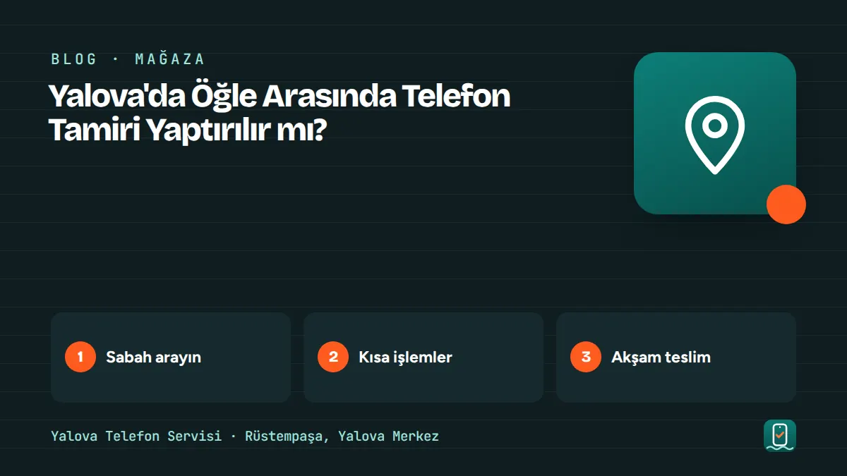 Yalova'da Öğle Arasında Telefon Tamiri Yaptırılır mı? – sabah arayın, kısa işlemler, akşam teslim adımlarını gösteren görsel