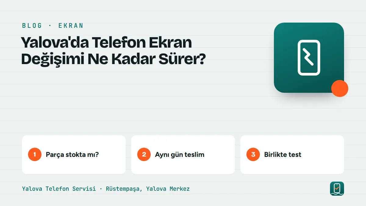 Yalova'da Telefon Ekran Değişimi Ne Kadar Sürer? – parça stokta mı, aynı gün teslim, birlikte test adımlarını gösteren görsel