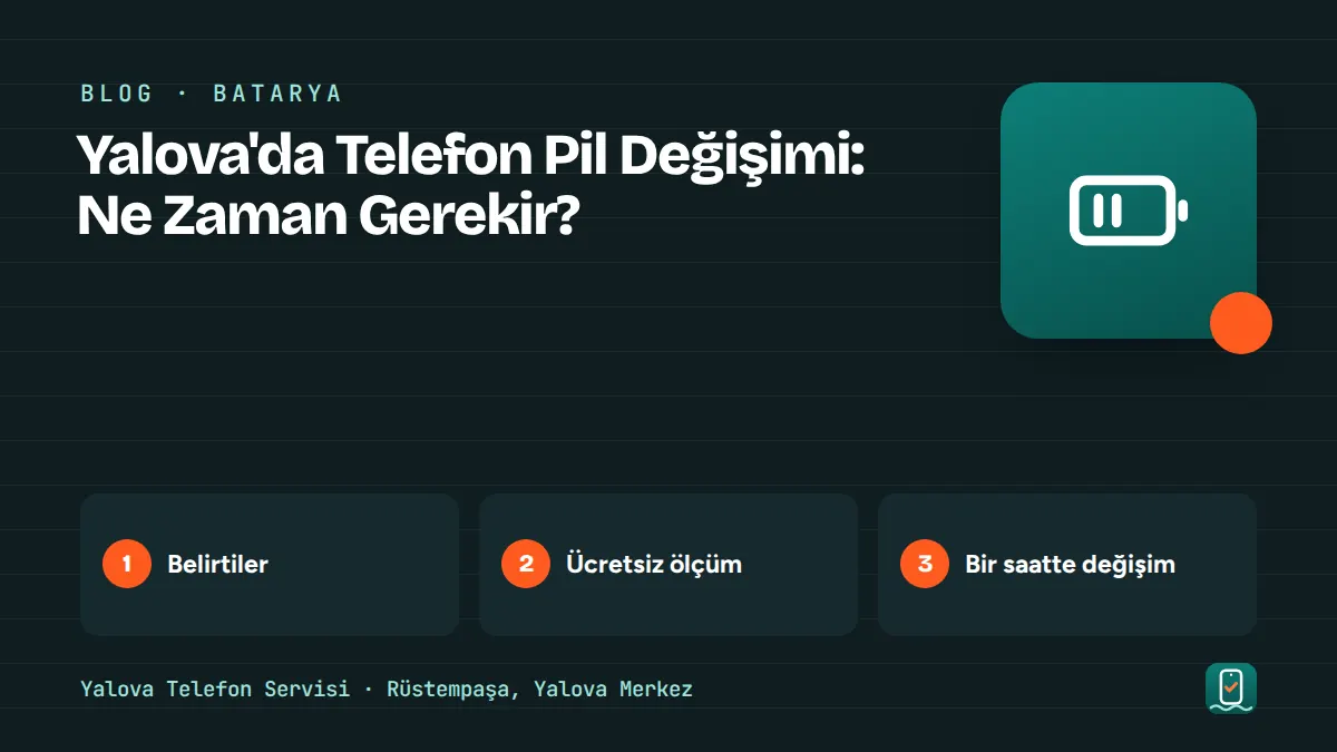 Yalova'da Telefon Pil Değişimi: Ne Zaman Gerekir? – belirtiler, ücretsiz ölçüm, bir saatte değişim adımlarını gösteren görsel