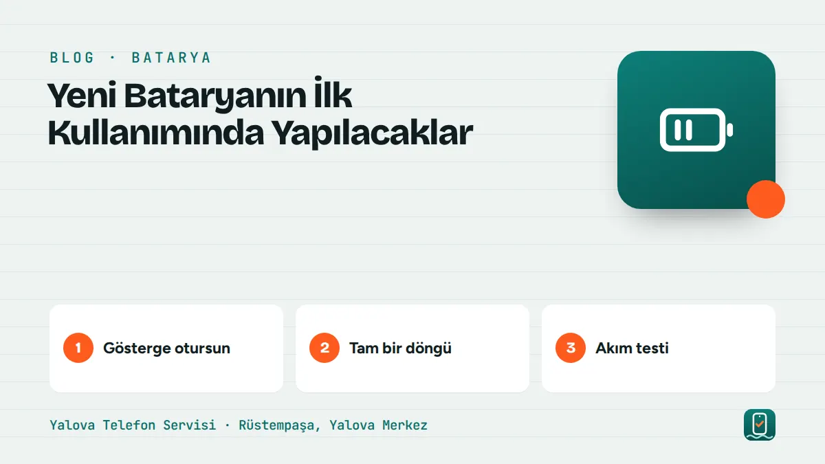 Yeni Bataryanın İlk Kullanımında Yapılacaklar – gösterge otursun, tam bir döngü, akım testi adımlarını gösteren görsel